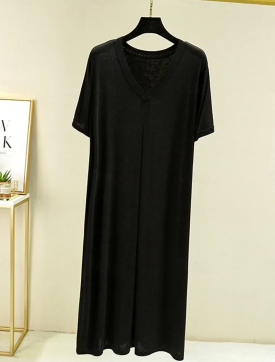 New Women's Pajamas Nightgown Nightshirt Dress Pure Color Simple Casual Soft Home Daily Bed Modal Breathable V Wire Short Sleeve Summer Fall Home Outfits Women Sleepwear