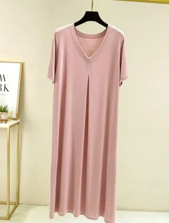 New Women's Pajamas Nightgown Nightshirt Dress Pure Color Simple Casual Soft Home Daily Bed Modal Breathable V Wire Short Sleeve Summer Fall Home Outfits Women Sleepwear