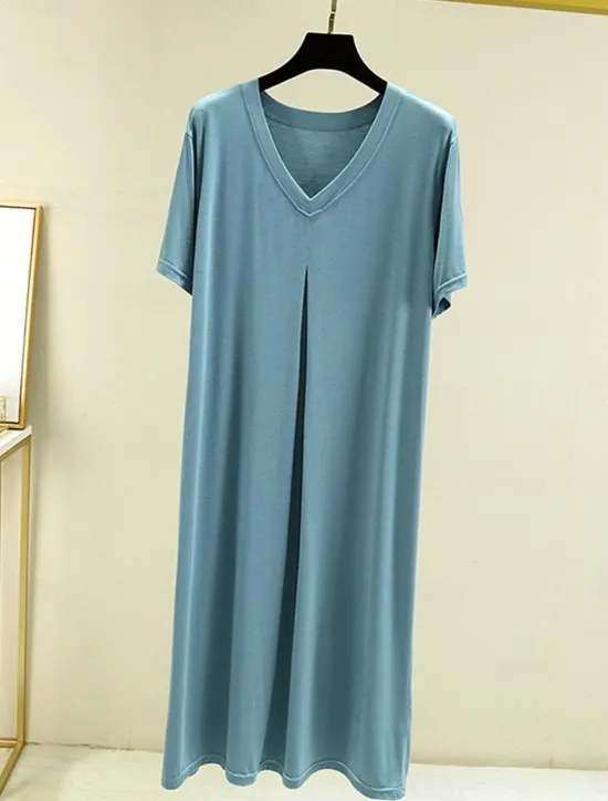 New Women's Pajamas Nightgown Nightshirt Dress Pure Color Simple Casual Soft Home Daily Bed Modal Breathable V Wire Short Sleeve Summer Fall Home Outfits Women Sleepwear