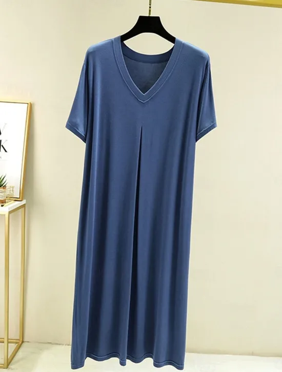 New Women's Pajamas Nightgown Nightshirt Dress Pure Color Simple Casual Soft Home Daily Bed Modal Breathable V Wire Short Sleeve Summer Fall Home Outfits Women Sleepwear