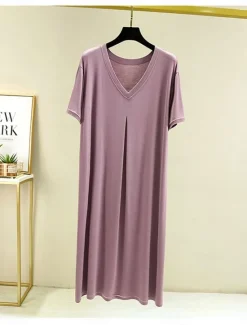 New Women's Pajamas Nightgown Nightshirt Dress Pure Color Simple Casual Soft Home Daily Bed Modal Breathable V Wire Short Sleeve Summer Fall Home Outfits Women Sleepwear