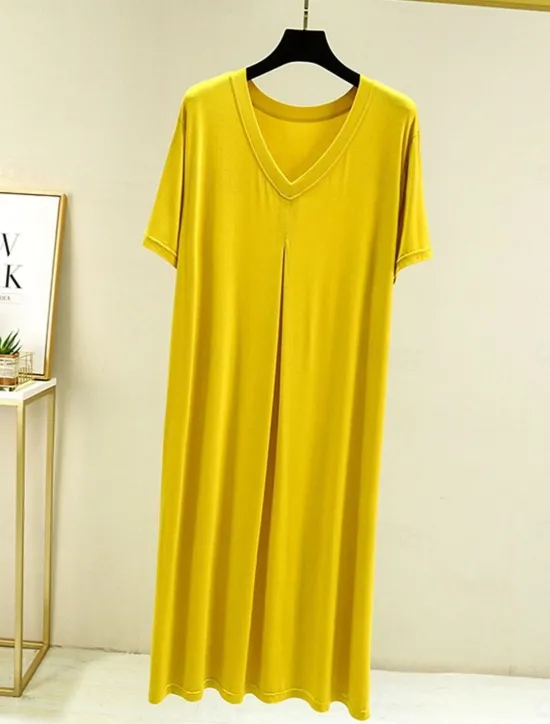 New Women's Pajamas Nightgown Nightshirt Dress Pure Color Simple Casual Soft Home Daily Bed Modal Breathable V Wire Short Sleeve Summer Fall Home Outfits Women Sleepwear