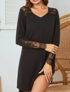 Hot Women's Pajamas Nightgown Pure Color Casual Comfort Home Daily Bed Comfort V Neck Long Sleeve Button Lace Spring Fall Light Grey Home Outfits Women Sleepwear