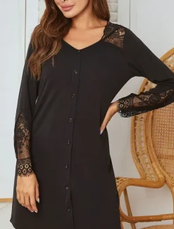 Hot Women's Pajamas Nightgown Pure Color Casual Comfort Home Daily Bed Comfort V Neck Long Sleeve Button Lace Spring Fall Light Grey Home Outfits Women Sleepwear