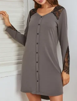 Hot Women's Pajamas Nightgown Pure Color Casual Comfort Home Daily Bed Comfort V Neck Long Sleeve Button Lace Spring Fall Light Grey Home Outfits Women Sleepwear