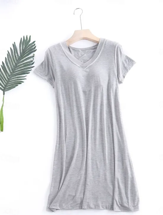 Hot Women's Pajamas Nightgown Nightshirt Dress Pure Color Simple Comfort Home Daily Bed Modal Breathable V Wire Short Sleeve Summer Home Outfits Women Sleepwear