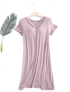 Hot Women's Pajamas Nightgown Nightshirt Dress Pure Color Simple Comfort Home Daily Bed Modal Breathable V Wire Short Sleeve Summer Home Outfits Women Sleepwear