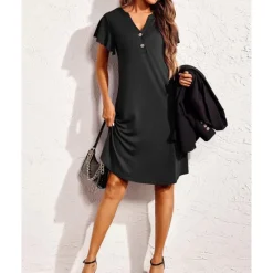 New Women's Pajamas Nightgown Pure Color Fashion Casual Comfort Home Daily Bed Modal Comfort Breathable V Wire Short Sleeve Button Summer Spring Home Outfits Women Sleepwear