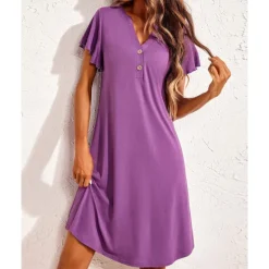 New Women's Pajamas Nightgown Pure Color Fashion Casual Comfort Home Daily Bed Modal Comfort Breathable V Wire Short Sleeve Button Summer Spring Home Outfits Women Sleepwear