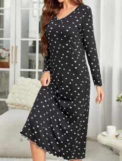 Outlet Women's Pajamas Nightgown Nightshirt Dress Dot Simple Casual Comfort Home Daily Bed Breathable V Wire Long Sleeve Fall Winter Home Outfits Women Sleepwear