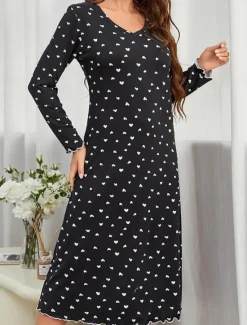 Outlet Women's Pajamas Nightgown Nightshirt Dress Dot Simple Casual Comfort Home Daily Bed Breathable V Wire Long Sleeve Fall Winter Home Outfits Women Sleepwear