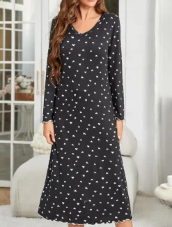 Outlet Women's Pajamas Nightgown Nightshirt Dress Dot Simple Casual Comfort Home Daily Bed Breathable V Wire Long Sleeve Fall Winter Home Outfits Women Sleepwear