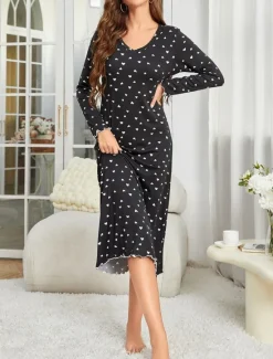 Outlet Women's Pajamas Nightgown Nightshirt Dress Dot Simple Casual Comfort Home Daily Bed Breathable V Wire Long Sleeve Fall Winter Home Outfits Women Sleepwear