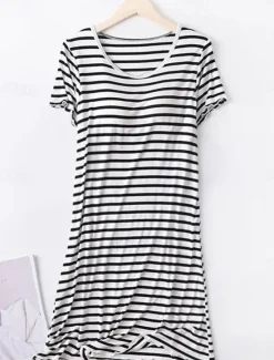 Women's Pajamas Nightgown Nightshirt Dress Stripe Casual Comfort Soft Home Daily Bed Breathable Crew Neck Short Sleeve Summer Spring Home Outfits Women Sleepwear
