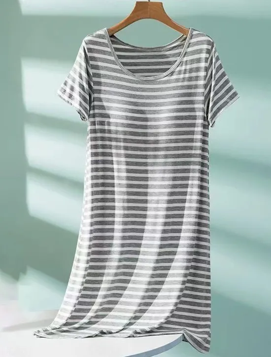 Women's Pajamas Nightgown Nightshirt Dress Stripe Casual Comfort Soft Home Daily Bed Breathable Crew Neck Short Sleeve Summer Spring Home Outfits Women Sleepwear
