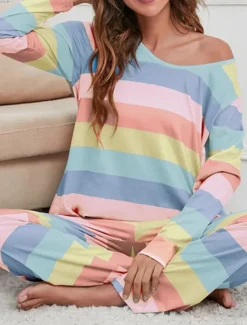 Hot Women's Pajamas Nighty Pjs Sets 2 Pieces Rainbow Stripe Fashion Comfort Soft Home Daily Bed Cotton Breathable V Wire Long Sleeve T shirt Tee Pant Spring Fall Home Outfits Women Pajama-Setter