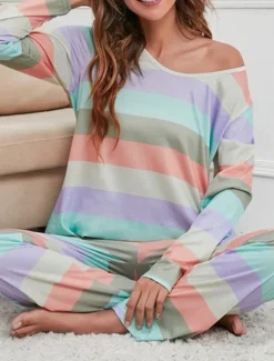 Hot Women's Pajamas Nighty Pjs Sets 2 Pieces Rainbow Stripe Fashion Comfort Soft Home Daily Bed Cotton Breathable V Wire Long Sleeve T shirt Tee Pant Spring Fall Home Outfits Women Pajama-Setter