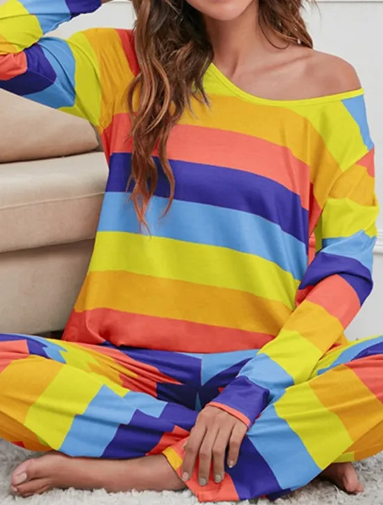 Hot Women's Pajamas Nighty Pjs Sets 2 Pieces Rainbow Stripe Fashion Comfort Soft Home Daily Bed Cotton Breathable V Wire Long Sleeve T shirt Tee Pant Spring Fall Home Outfits Women Pajama-Setter