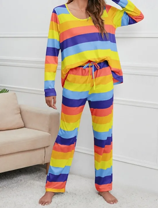 Hot Women's Pajamas Nighty Pjs Sets 2 Pieces Rainbow Stripe Fashion Comfort Soft Home Daily Bed Cotton Breathable V Wire Long Sleeve T shirt Tee Pant Spring Fall Home Outfits Women Pajama-Setter