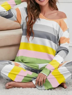 Hot Women's Pajamas Nighty Pjs Sets 2 Pieces Rainbow Stripe Fashion Comfort Soft Home Daily Bed Cotton Breathable V Wire Long Sleeve T shirt Tee Pant Spring Fall Home Outfits Women Pajama-Setter