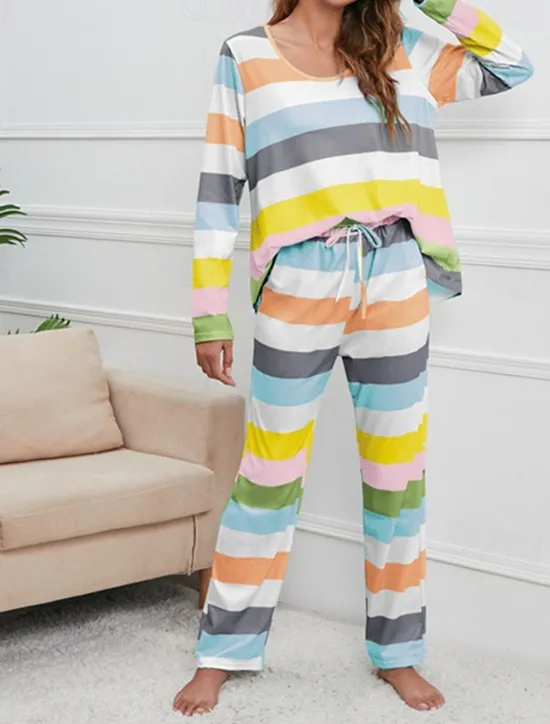 Hot Women's Pajamas Nighty Pjs Sets 2 Pieces Rainbow Stripe Fashion Comfort Soft Home Daily Bed Cotton Breathable V Wire Long Sleeve T shirt Tee Pant Spring Fall Home Outfits Women Pajama-Setter