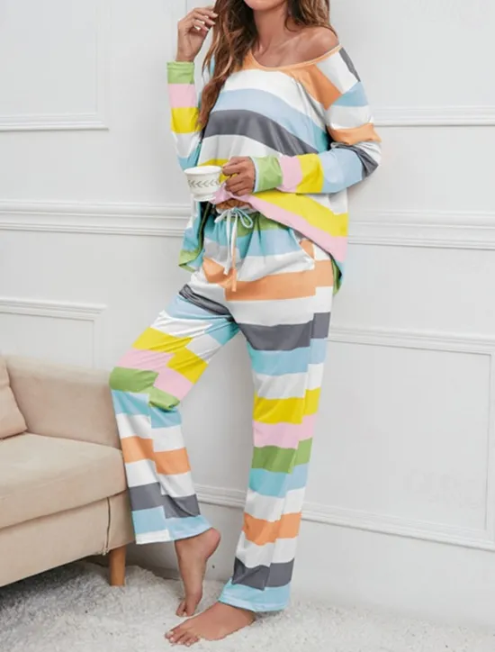 Hot Women's Pajamas Nighty Pjs Sets 2 Pieces Rainbow Stripe Fashion Comfort Soft Home Daily Bed Cotton Breathable V Wire Long Sleeve T shirt Tee Pant Spring Fall Home Outfits Women Pajama-Setter