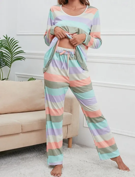 Hot Women's Pajamas Nighty Pjs Sets 2 Pieces Rainbow Stripe Fashion Comfort Soft Home Daily Bed Cotton Breathable V Wire Long Sleeve T shirt Tee Pant Spring Fall Home Outfits Women Pajama-Setter