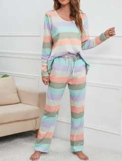 Hot Women's Pajamas Nighty Pjs Sets 2 Pieces Rainbow Stripe Fashion Comfort Soft Home Daily Bed Cotton Breathable V Wire Long Sleeve T shirt Tee Pant Spring Fall Home Outfits Women Pajama-Setter
