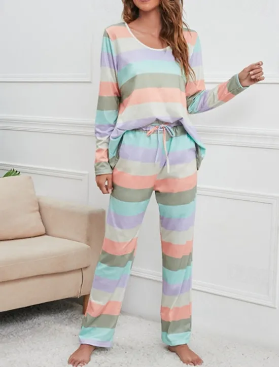 Hot Women's Pajamas Nighty Pjs Sets 2 Pieces Rainbow Stripe Fashion Comfort Soft Home Daily Bed Cotton Breathable V Wire Long Sleeve T shirt Tee Pant Spring Fall Home Outfits Women Pajama-Setter