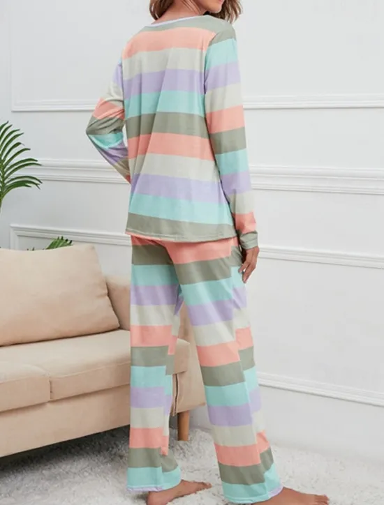 Hot Women's Pajamas Nighty Pjs Sets 2 Pieces Rainbow Stripe Fashion Comfort Soft Home Daily Bed Cotton Breathable V Wire Long Sleeve T shirt Tee Pant Spring Fall Home Outfits Women Pajama-Setter
