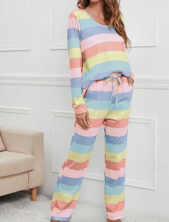 Hot Women's Pajamas Nighty Pjs Sets 2 Pieces Rainbow Stripe Fashion Comfort Soft Home Daily Bed Cotton Breathable V Wire Long Sleeve T shirt Tee Pant Spring Fall Home Outfits Women Pajama-Setter
