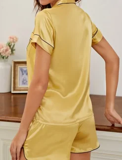 Women's Pajamas Nighty Pjs Sets 2 Pieces Heart Comfort Sweet Home Satin Silk Lapel Short Sleeve Shorts Button Pocket Summer Spring Home Outfits Women Pajama-Setter