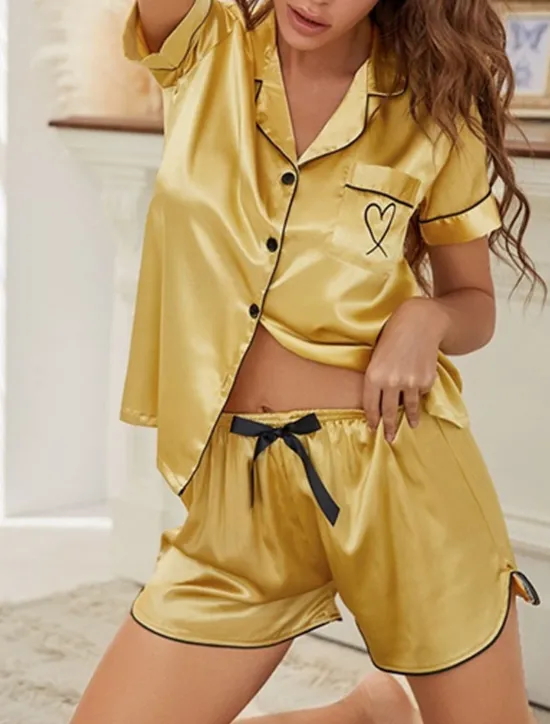 Women's Pajamas Nighty Pjs Sets 2 Pieces Heart Comfort Sweet Home Satin Silk Lapel Short Sleeve Shorts Button Pocket Summer Spring Home Outfits Women Pajama-Setter