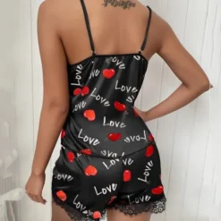 Discount Women's Pajamas Nighty Pjs Sets 2 Pieces Heart Letter Fashion Hot Gothic Home Bed Satin Silk Breathable Gift V Wire Sleeveless Strap Top Shorts Elastic Waist Print Summer Spring Home Outfits Women Pajama-Setter