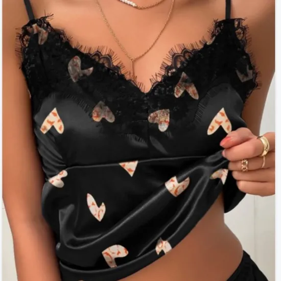Discount Women's Pajamas Nighty Pjs Sets 2 Pieces Heart Letter Fashion Hot Gothic Home Bed Satin Silk Breathable Gift V Wire Sleeveless Strap Top Shorts Elastic Waist Print Summer Spring Home Outfits Women Pajama-Setter