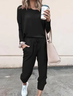 New Women's Pajamas Pajama Top and Pant Sets Pure Color Fashion Casual Soft Home Daily Bed Breathable Crew Neck Long Sleeve T shirt Tee Pant Pocket Elastic Waist Summer Spring Women Pajama-Setter