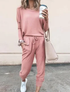 New Women's Pajamas Pajama Top and Pant Sets Pure Color Fashion Casual Soft Home Daily Bed Breathable Crew Neck Long Sleeve T shirt Tee Pant Pocket Elastic Waist Summer Spring Women Pajama-Setter