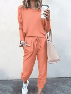 New Women's Pajamas Pajama Top and Pant Sets Pure Color Fashion Casual Soft Home Daily Bed Breathable Crew Neck Long Sleeve T shirt Tee Pant Pocket Elastic Waist Summer Spring Women Pajama-Setter