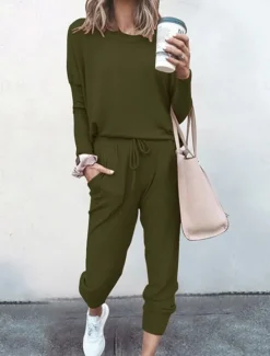 New Women's Pajamas Pajama Top and Pant Sets Pure Color Fashion Casual Soft Home Daily Bed Breathable Crew Neck Long Sleeve T shirt Tee Pant Pocket Elastic Waist Summer Spring Women Pajama-Setter