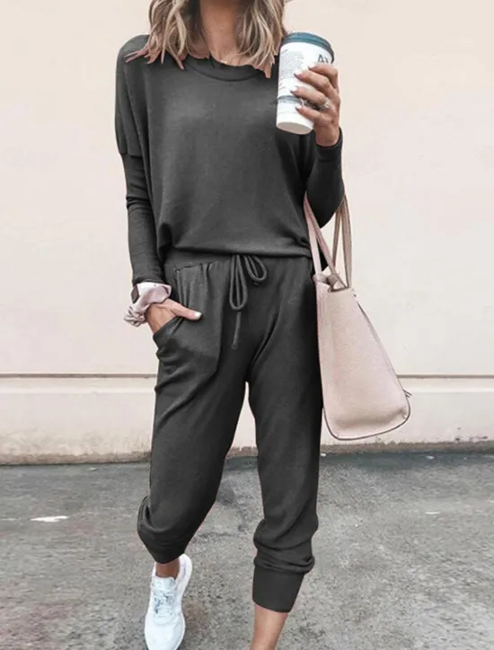 New Women's Pajamas Pajama Top and Pant Sets Pure Color Fashion Casual Soft Home Daily Bed Breathable Crew Neck Long Sleeve T shirt Tee Pant Pocket Elastic Waist Summer Spring Women Pajama-Setter