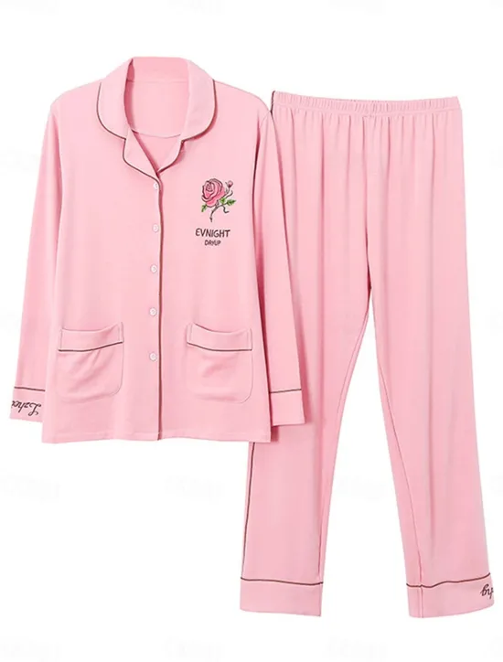 Outlet Women's Pajamas Pajama Top and Pant Sets Letter Flower Tights / Leggings Casual Comfort Home Daily Bed Cotton Breathable Lapel Long Sleeve Shirt Pant Button Pocket Summer Fall Home Outfits Women Pajama-Setter
