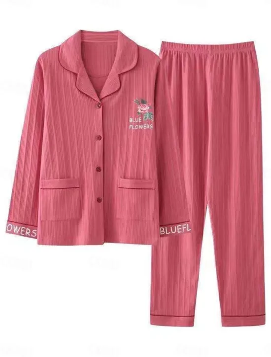 Outlet Women's Pajamas Pajama Top and Pant Sets Letter Flower Tights / Leggings Casual Comfort Home Daily Bed Cotton Breathable Lapel Long Sleeve Shirt Pant Button Pocket Summer Fall Home Outfits Women Pajama-Setter