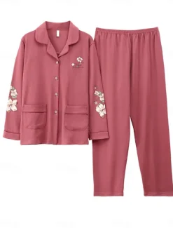 Outlet Women's Pajamas Pajama Top and Pant Sets Letter Flower Tights / Leggings Casual Comfort Home Daily Bed Cotton Breathable Lapel Long Sleeve Shirt Pant Button Pocket Summer Fall Home Outfits Women Pajama-Setter
