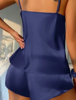 Women's Pajamas Pajama Top and Pant Sets Pure Color Simple Hot Casual Home Daily Bed Satin Silk Breathable Straps Sleeveless Strap Top Shorts Backless Summer Spring Home Outfits Women Pajama-Setter