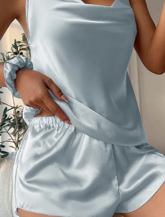 Women's Pajamas Pajama Top and Pant Sets Pure Color Simple Hot Casual Home Daily Bed Satin Silk Breathable Straps Sleeveless Strap Top Shorts Backless Summer Spring Home Outfits Women Pajama-Setter