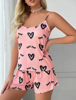 Best Women's Pajamas Pajama Top and Pant Sets Heart Casual Comfort Soft Home Daily Bed Breathable Straps Sleeveless Strap Top Shorts Elastic Waist Summer Spring Home Outfits Women Pajama-Setter