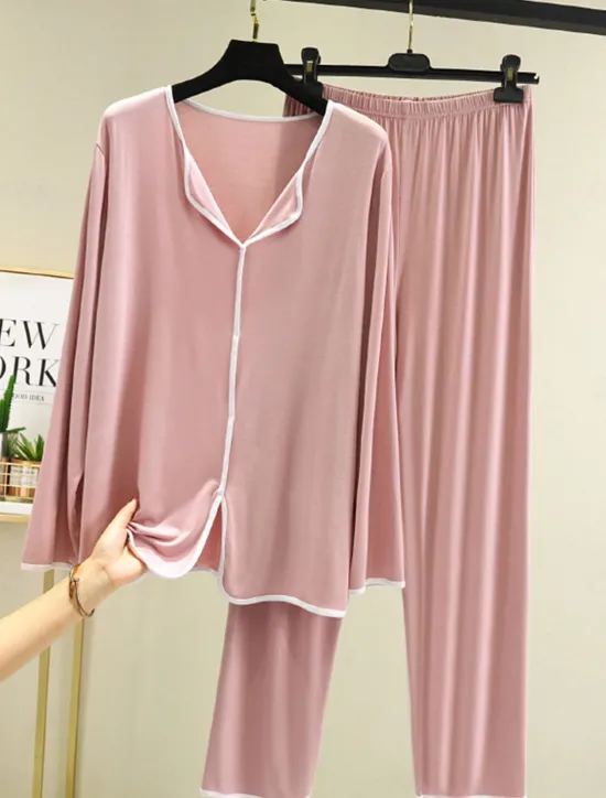 Outlet Women's Pajamas Pajama Top and Pant Sets 2 Pieces Pure Color Fashion Casual Soft Home Daily Bed Modal Breathable Lapel Long Sleeve Pant Summer Spring Home Outfits Women Pajama-Setter
