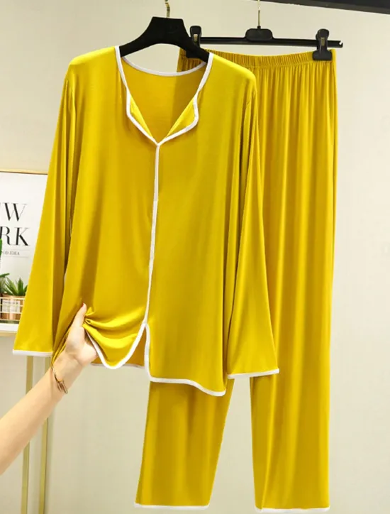 Outlet Women's Pajamas Pajama Top and Pant Sets 2 Pieces Pure Color Fashion Casual Soft Home Daily Bed Modal Breathable Lapel Long Sleeve Pant Summer Spring Home Outfits Women Pajama-Setter