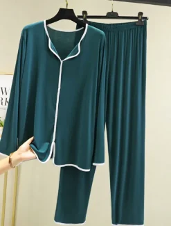 Outlet Women's Pajamas Pajama Top and Pant Sets 2 Pieces Pure Color Fashion Casual Soft Home Daily Bed Modal Breathable Lapel Long Sleeve Pant Summer Spring Home Outfits Women Pajama-Setter