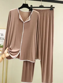 Outlet Women's Pajamas Pajama Top and Pant Sets 2 Pieces Pure Color Fashion Casual Soft Home Daily Bed Modal Breathable Lapel Long Sleeve Pant Summer Spring Home Outfits Women Pajama-Setter
